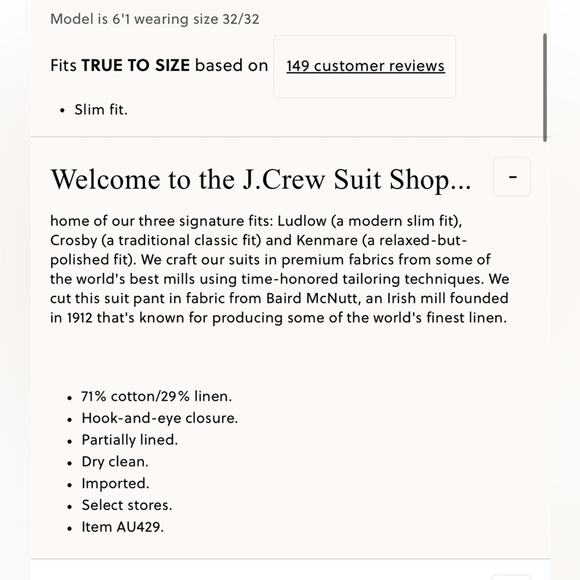 J.Crew Ludlow Slim-fit suit pant in Irish cotton-linen blend 33/34 - Picture 2 of 4